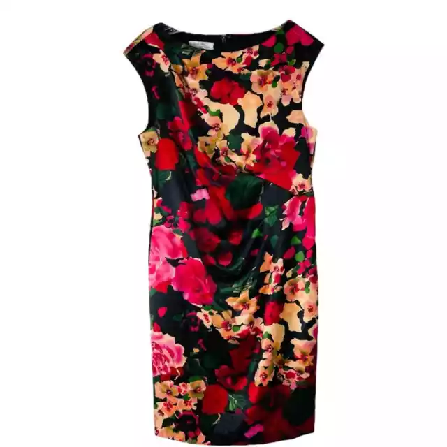 Ivy & Blu black pink floral rose satin ruched evening wedding midi dress 8