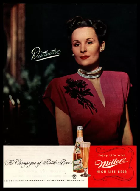 1947 Miller High Life Beer Woman Wearing Pearl Necklace Brooch Vintage Print Ad