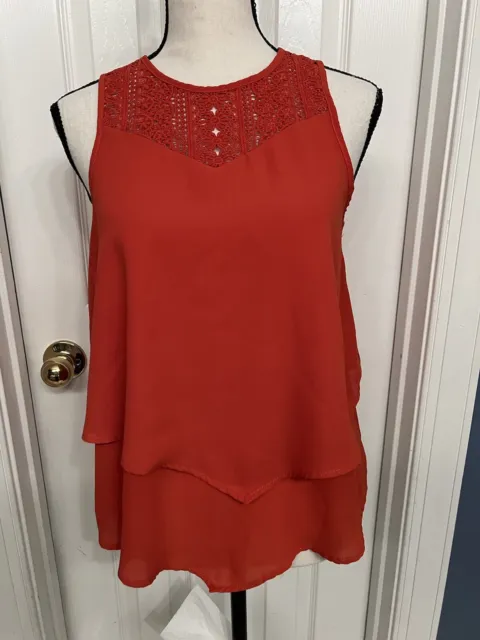 MONTEAU Women’s Red Sleeveless Lace Crochet Trim Layered Top Size S Back Keyhole