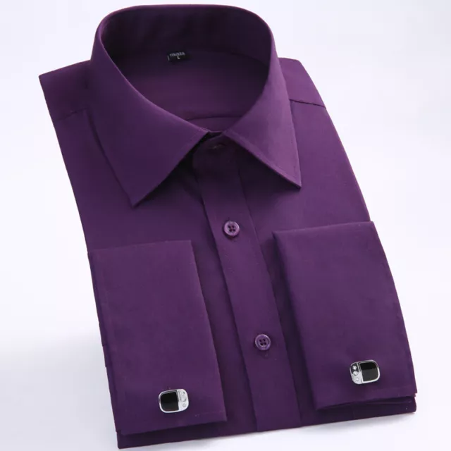 Men's French Cuff Shirts Long Sleeves Business Casual Formal Slim Dress Shirts