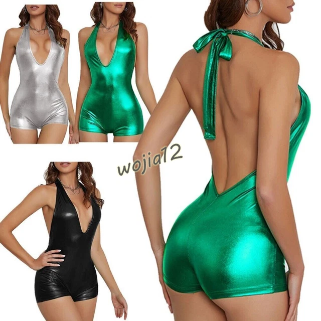 Hot Women One-piece Shiny Metallic Jumpsuit Halter Sleeveless Open Back Bodysuit