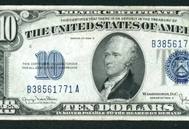 $10 1934 D Silver Certificate ** DAILY CURRENCY AUCTIONS COMBINED SHIPPING