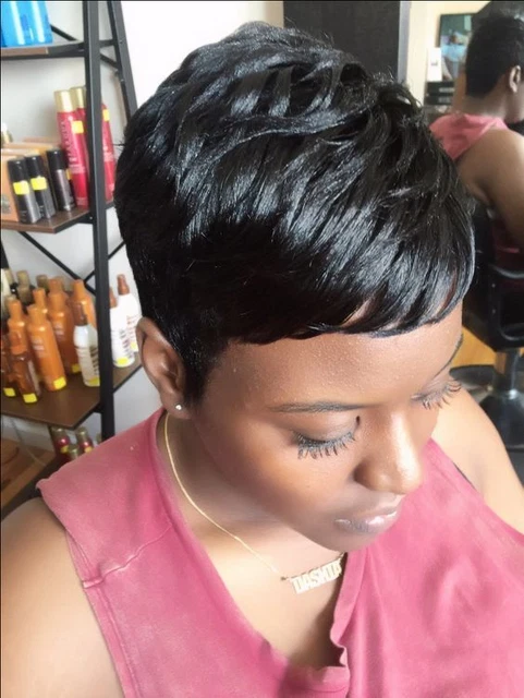 Peluca corta negra de corte pixie con punzones cabello humano recto sin encaje para mujeres negras