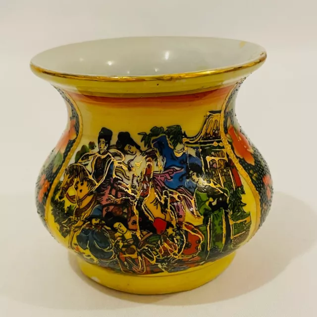 Chinese Ceramic Cloisonne Flower Bamboo Planter Pot 3" Geisha Courting Horseback