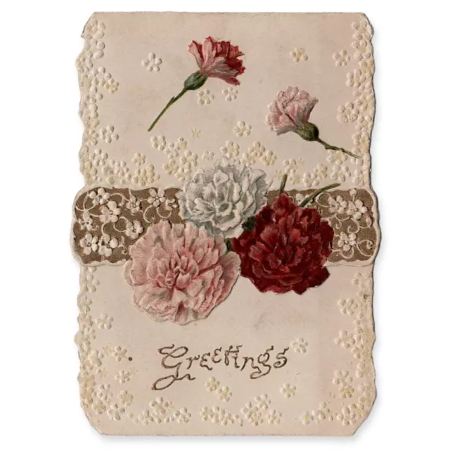 Victorian New Years Greetings Card Carnation Flowers Folding Die-Cut Vtg Antique