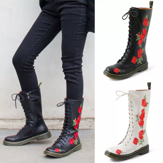 Womens Lace Up Zip Leather Pu Flower Rose Punk Motorcycle Combat Mid Calf Boots 2