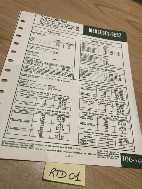 TECHNICAL SHEET DIESEL engine Mercedes Benz OM 352 edition 1973 £8.39 ...