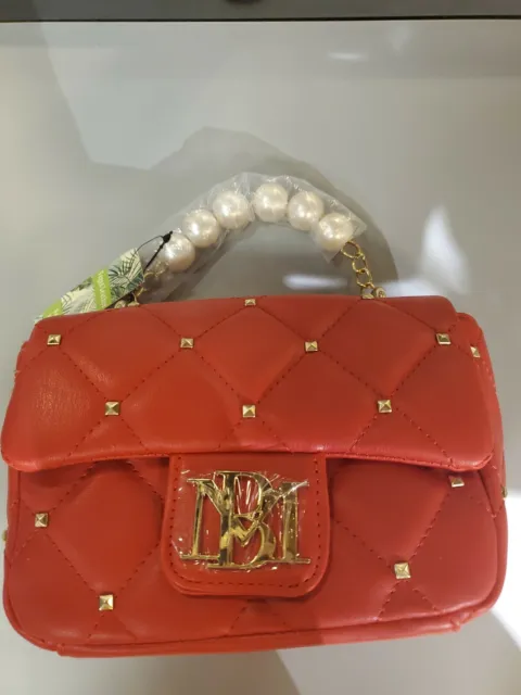 $129 NWT Badgley Mischka Vegan Leather Clutch Bag Pearl Handle Purse Red.