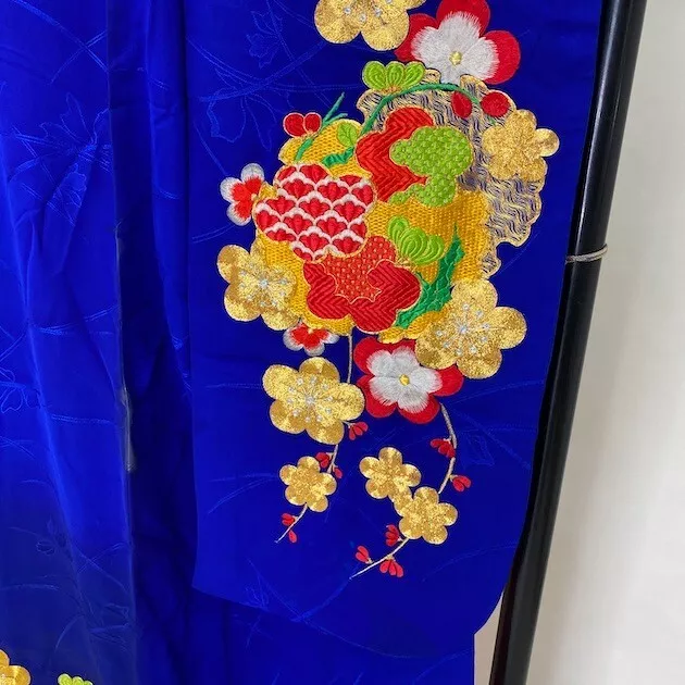 Furisode Color Uchikake VINTAGE Japanese Kimono Silk blue classic 1641 5