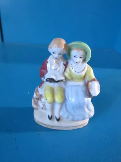 Vintage Miniature Porcelain Colonial Couple Man Woman Figurine Gold Trim Japan