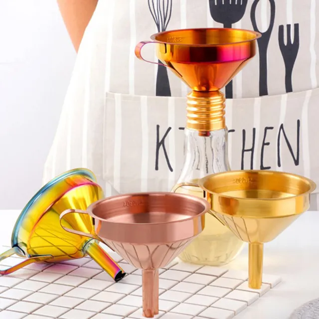 1Pc Stainless Steel Gold Funnel Kitchen Oil Liquid Metal Funnel With Fil#w#