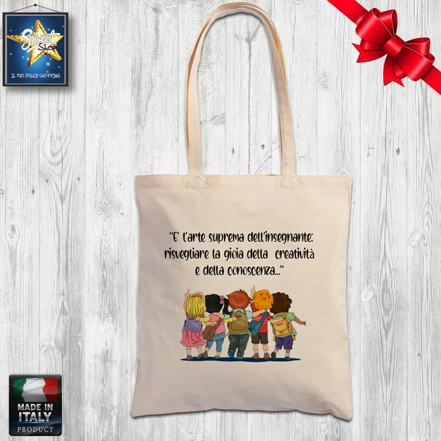 Borsa In Cotone Beige Per La Scuola, Maestra O Nido. Regalo Di Natale O Fine Anno Originale!