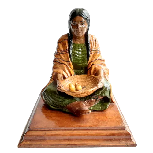 Art Vintage Deco Figurine Hand Carved Wooden Statue Woman Sitting On Ground Old