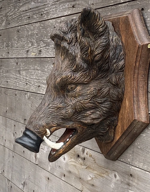 Life Size Black Forest Carved Wild Boar Head Mounted On Oak Wall Plaque/Panel