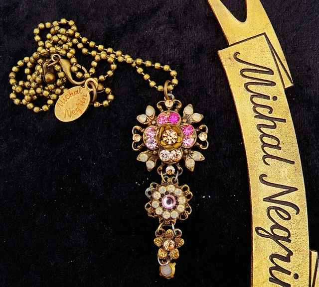 Michal Negrin Pendant Necklace Pink Peach Flower Shaped Beaded Handmade Floral
