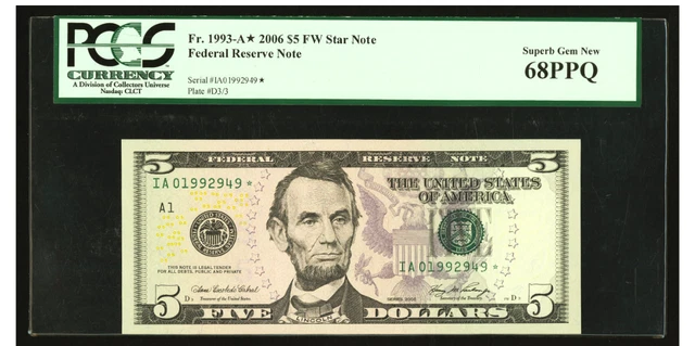BOSTON Fr.1993-A* $5 2006 Federal Reserve Star Note. PCGS Superb Gem New 68 PPQ.