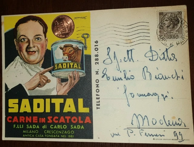 CARTOLINA D'EPOCA PUBBLICITARIA Sadital Carne Scatola Illustratore ...