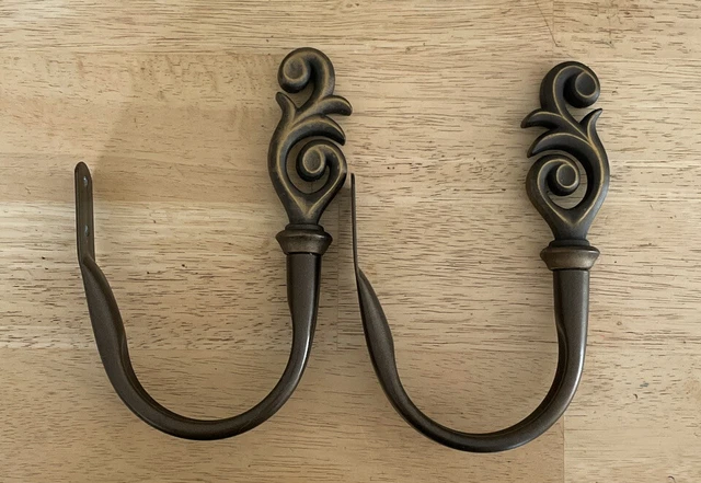 Brass Curtain Tie Back Swag Holder Antiqued Brass Ornate Scroll Finial