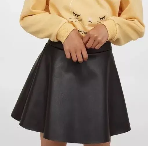 H&M Girls Black Faux Leather Skater Circle Mini Skirt Sz 6-7Y Kids