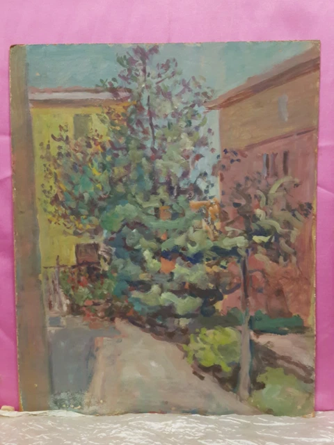 Pittore sec. XX "cortile con alberi" tempera su cartone 50x40 C5 ^