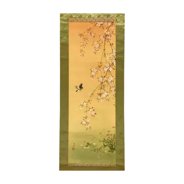 Traditional Japanese Hanging Scroll Cherry Blossom Birds Painting Vintage used