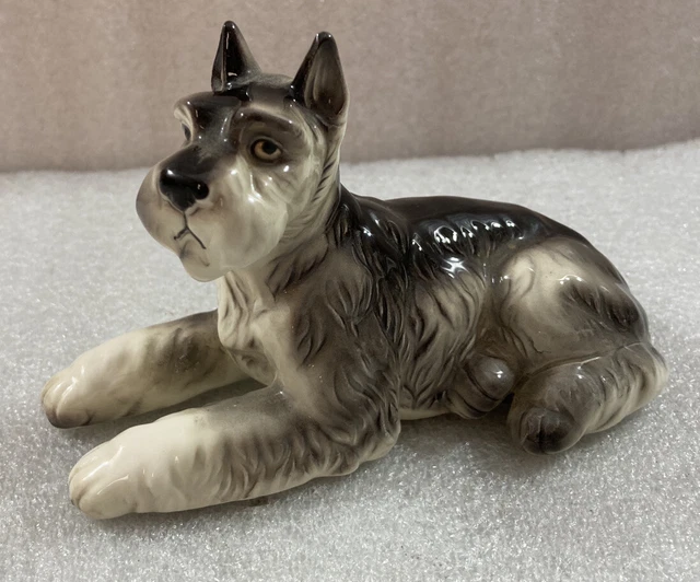 Vintage SCHNAUZER puppy dog ceramic lying down figurine 6"L (#2)