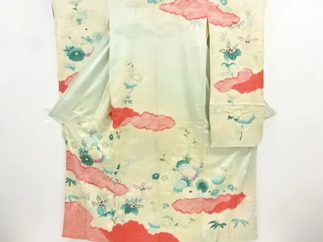 11357# Japanese Kimono / Antique Furisode / Shibori / Embroidery / Kiku & Paulow