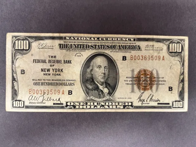 1929 $100 dollar Federal Reserve Note. Bank of New York. Brown Seal
