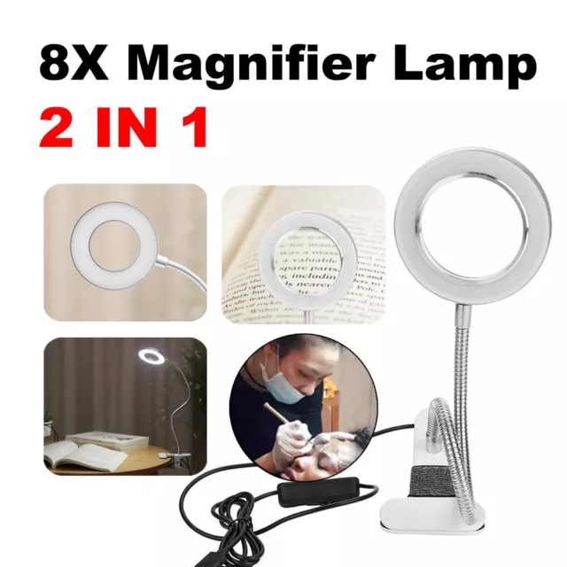 8X Magnifier Glass LED Desk Lamp With Light Stand Clamp Beauty Magnifying Lamp