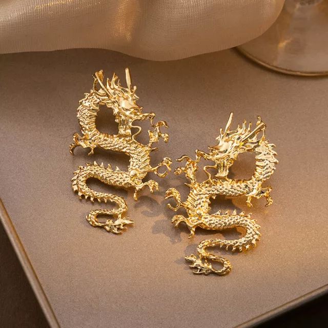 1Pairs Chinese Dragon Year Earring Sculpt Metal Silver Needle Dragon Earrings