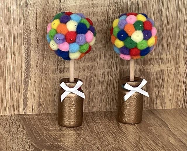 1/12th Scale Dolls House Pair of Ornamental Rainbow Trees 10 Cm tall  Pom Poms