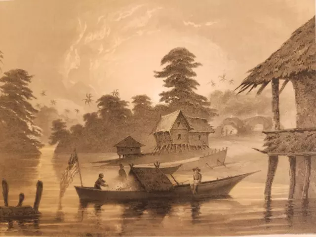Vintage River Jurong Singapore Boat People Houses c. 1850 Stone Lithograph