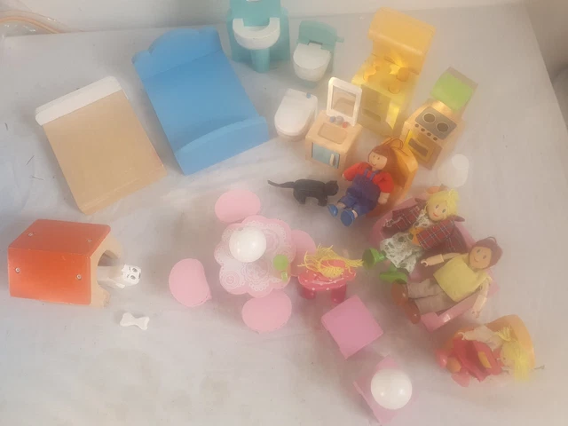 Wooden dolls furniture + figures various brands including Le van toy