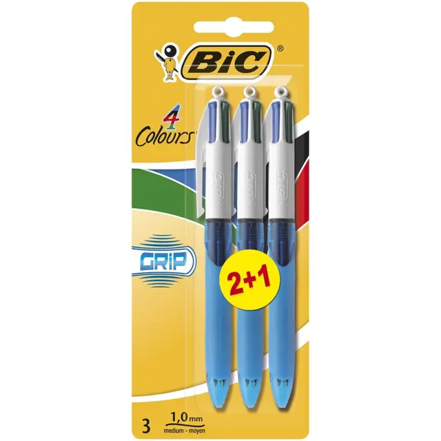 BIC 4 Multi Colour Grip Ball Point Ballpoint Pen 3 Pack Original Assorted Pro