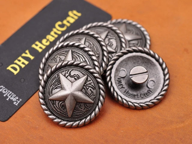 Ranger Star Conchos - Silla de montar artesanal vintage con cuerda plateada lateral vaquera 10 piezas