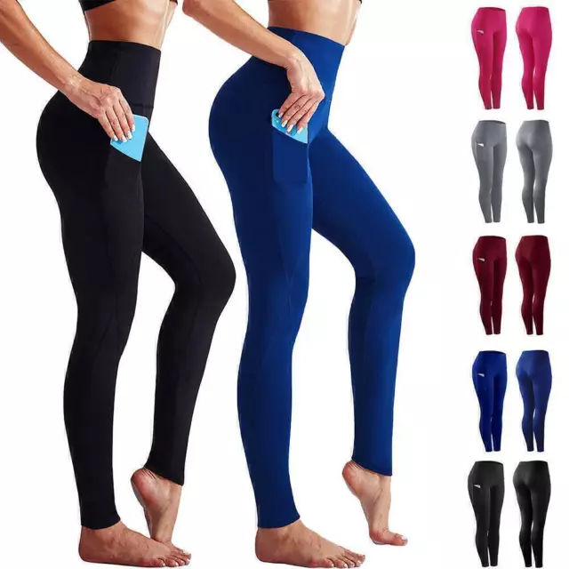 Damen Yoga Leggings Mit Tasche Push Up Gym Sporthose Fitness Leggins Hosen S-2XL