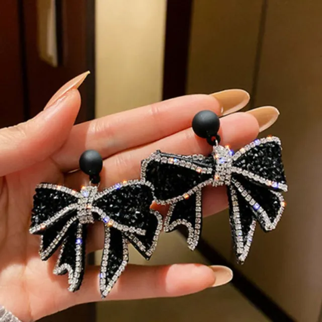 Fashion Black Bow Crystal Earrings Stud Dangle Charm Wedding Women Jewelry Gift