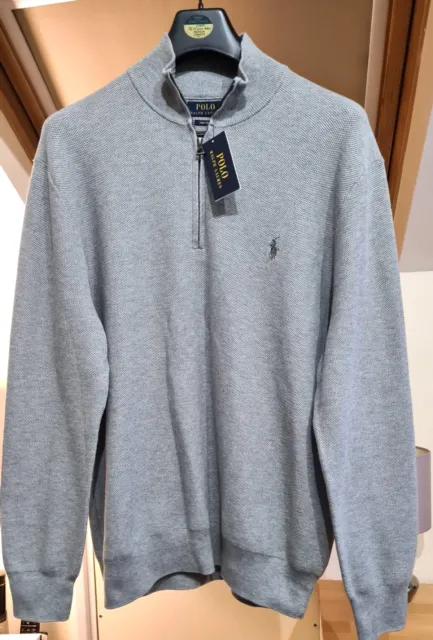 Ralph Lauren 1/4 Zip Cotton Mesh Jumper. XL. Grey. RRP £215