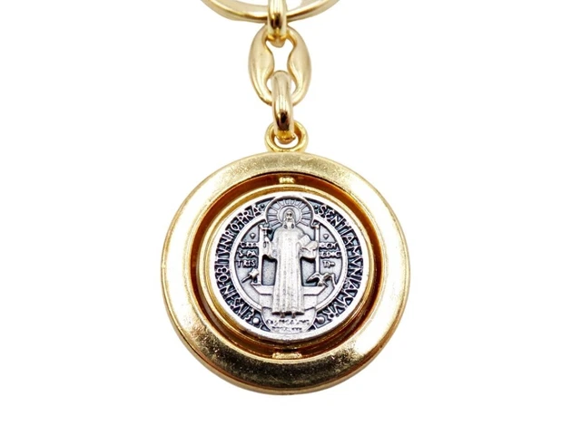 Two Toned Detailed St Saint Benedict Rotating Medal Keychain 2.75 Inch 6