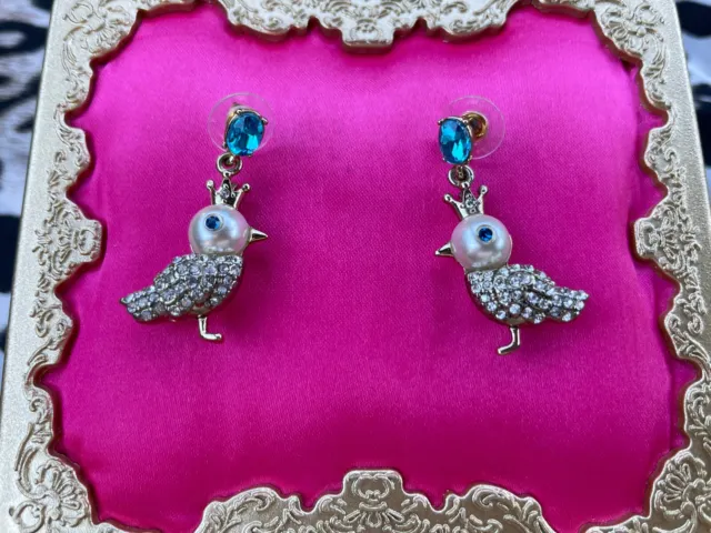 Betsey Johnson Pearl Critters Gold Crystal Bird Blue Crown Earrings RARE