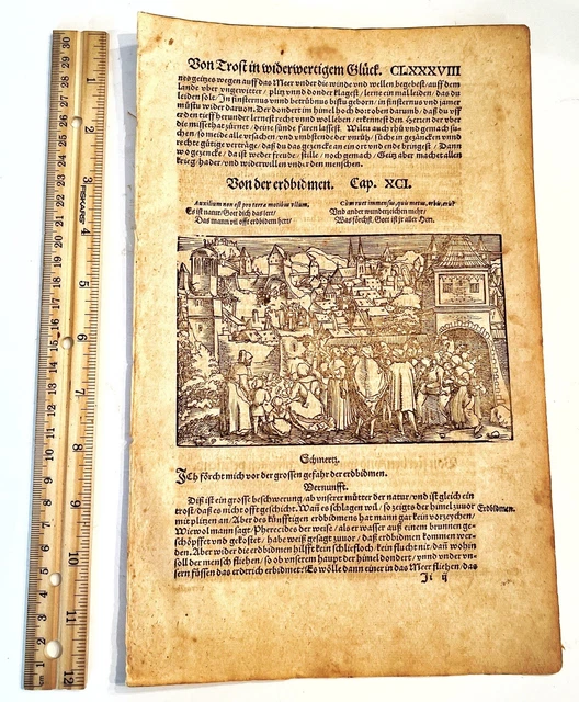 1559 Leaf W/ Woodcut From German Petrarch's De Remediis Utriusque Fortune — B