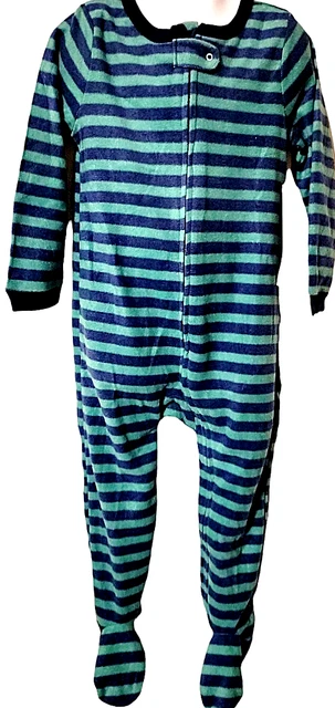 Boys Fleece Footed Pajamas Play Suit 4Y Blue / Green Stripes Zip Up with Snap