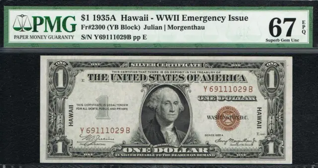 $1 1935A Hawaii WWII  Note. Fr. 2300. Ultra Rare YB Block. PMG 67 EPQ.