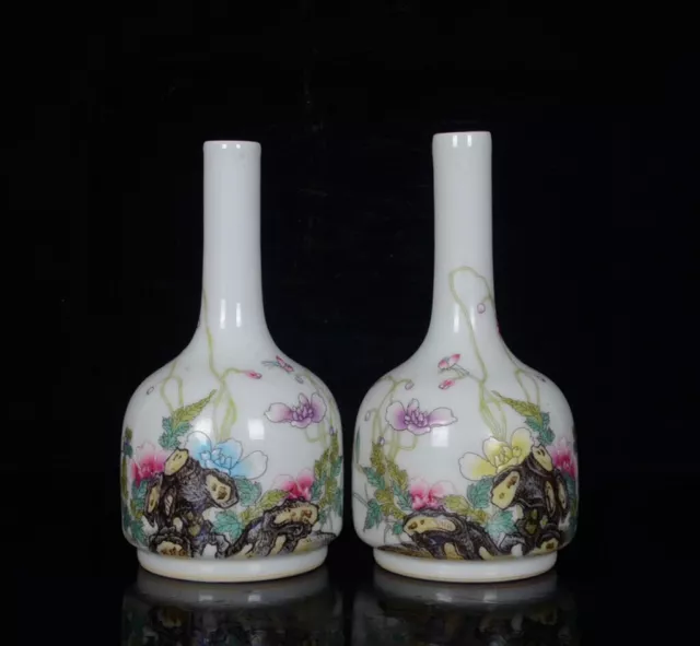 A Pair Chinese Enamel Porcelain HandPainted Exquisite Flower&Plant Vase 15429