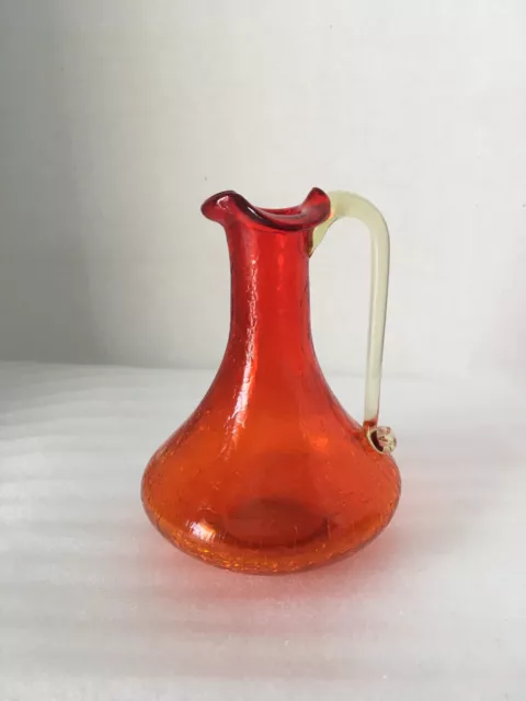 Vintage Crackle Art Glass Red Pitcher Vase Clear Handle 4.5 in Tall