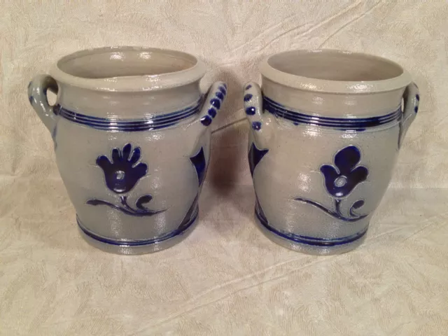 2 Mini Stoneware Crocks with Great Blue Detailing and Handles Makers Mark