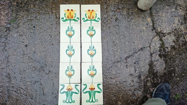 Old Vintage Antique Printed Pottery Fire Place Surround Tiles Art Nouveau Flower