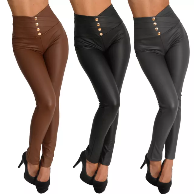 Leggings Hose Zier Knöpfe Leder Imitat Wet Look High Waist Jeggings Optik Gold