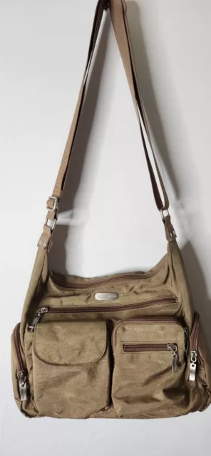 Baggallini Crossbody Bag Brown Beige Travel Wallet Organizer Zip Purse Nylon