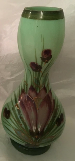 Vintage Opaline Hand Painted Milk Glass Green Floral Vase